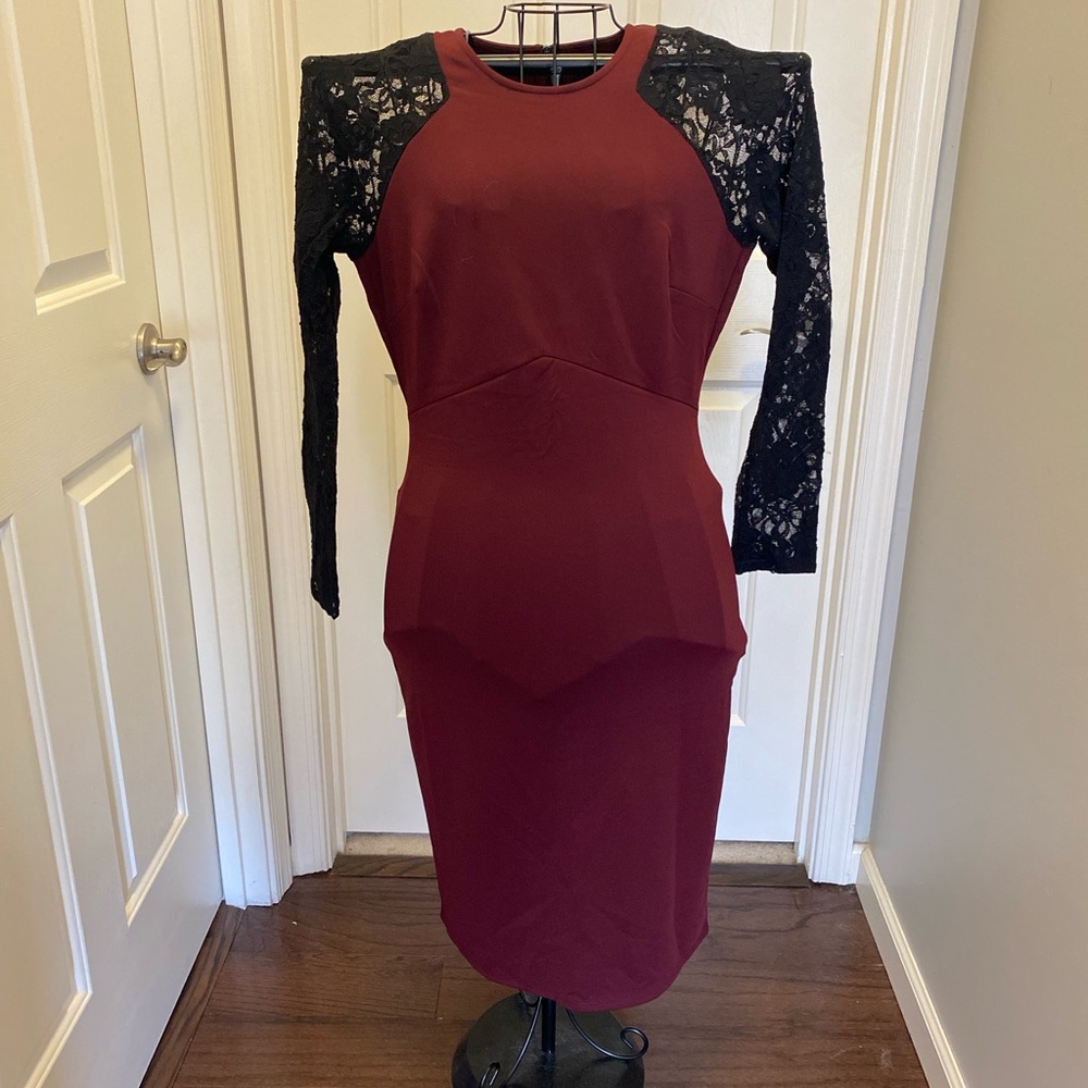 Elegant Burgundy and Black Lace Dress, size 10